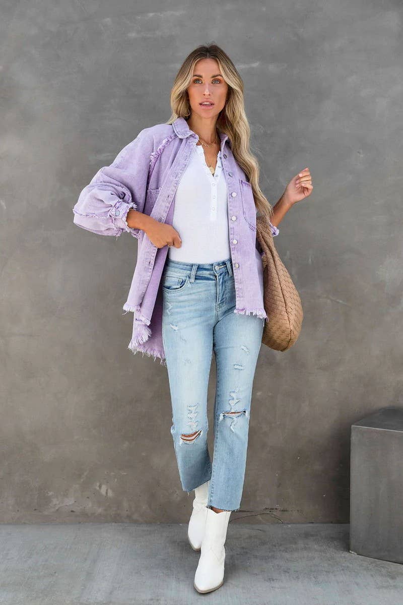 Lily Clothing - Wholesale Jacket - Women's - Loose raw edge patchwork pocket denim shirt jacket0