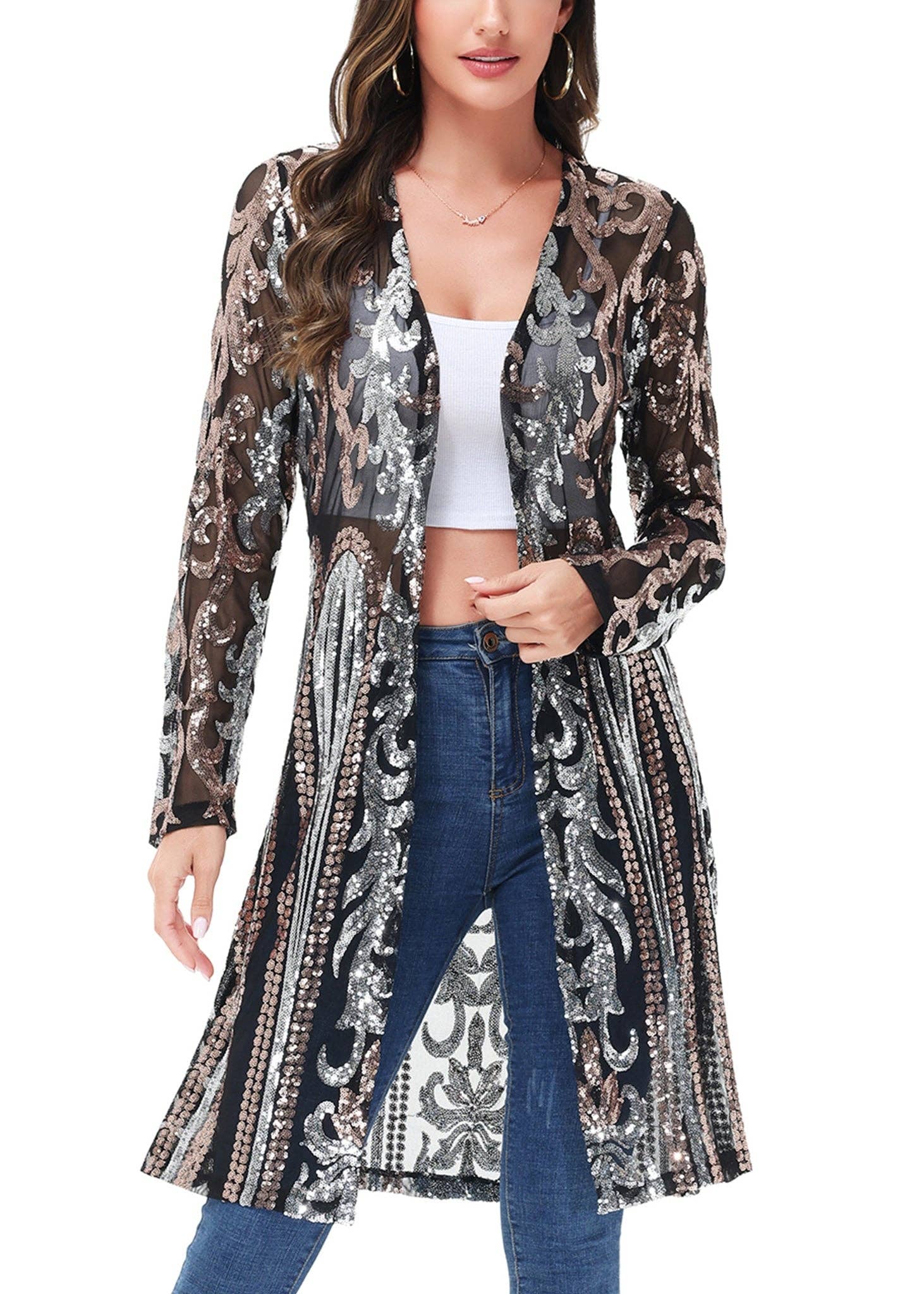 Anna Kaci Wholesale - Vente Kimono – femme - Cardigan à paillettes pour femmes à manches longues et ouvert sur le devant49