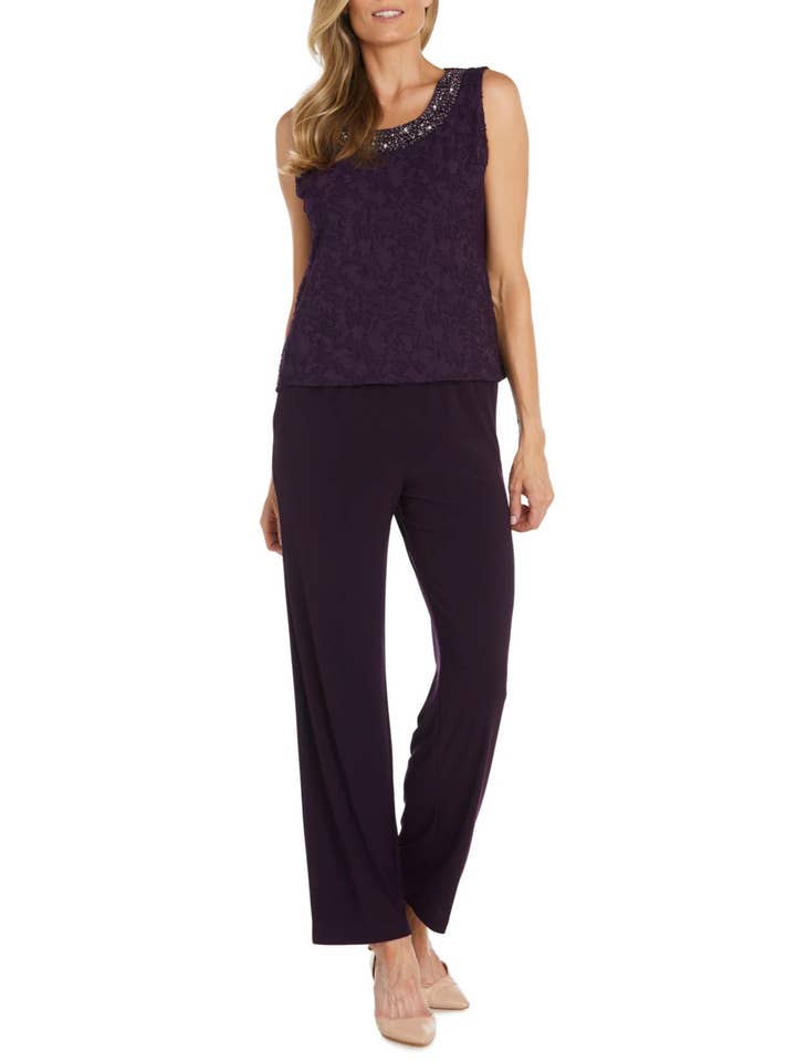 EGGPLANT RM Richards Beaded Burnout Chiffon 3-Piece Set for wholesale on Faire2