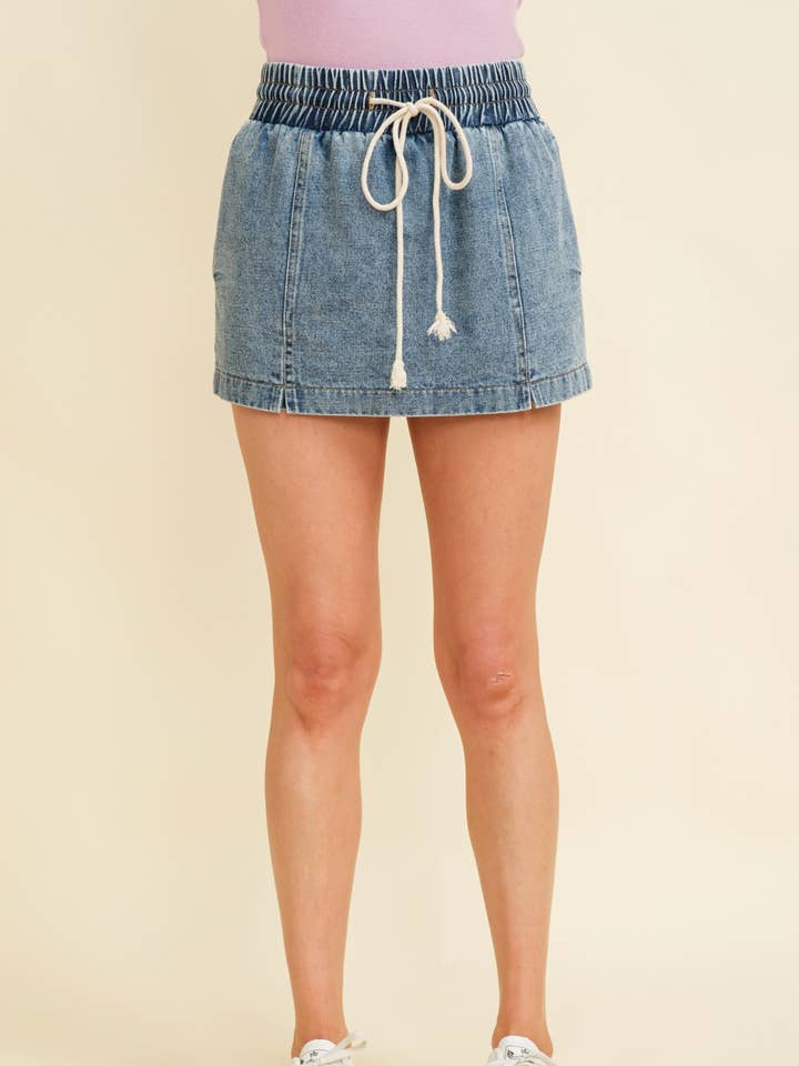 CP113075 - DRAWSTRING CINCH WAIST DENIM SKORT for wholesale by Cloud Ten