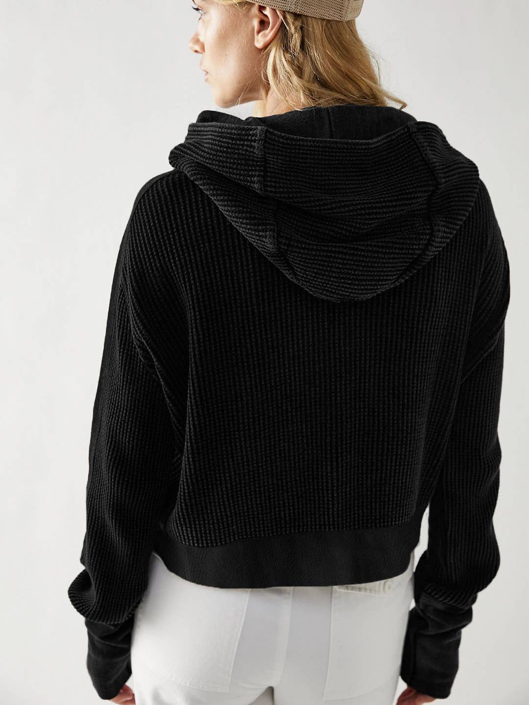 Rosa Clothing - Wholesale Hoodie - Women's - half button zip up waffle crop hoodie sweatshirt jacket1