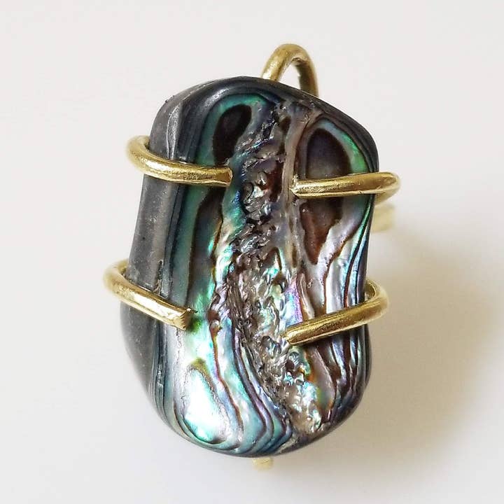 Rainbow Colored Natural Abalone Shell Adjustable Brass Ring for wholesale by Sara Sela Jewelry