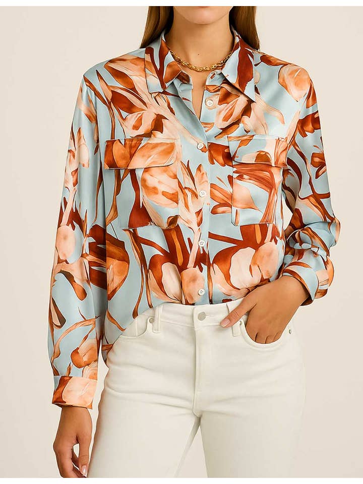 Ladies Multicolor Print Button Down Long Sleeves Shirts for wholesale on Faire