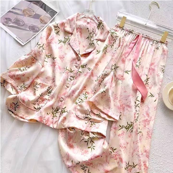 DrifWoo - Wholesale Lounge Romper - Women's - Floral Satin Pajama Set – Premium Ice Silk Feel with Pockets