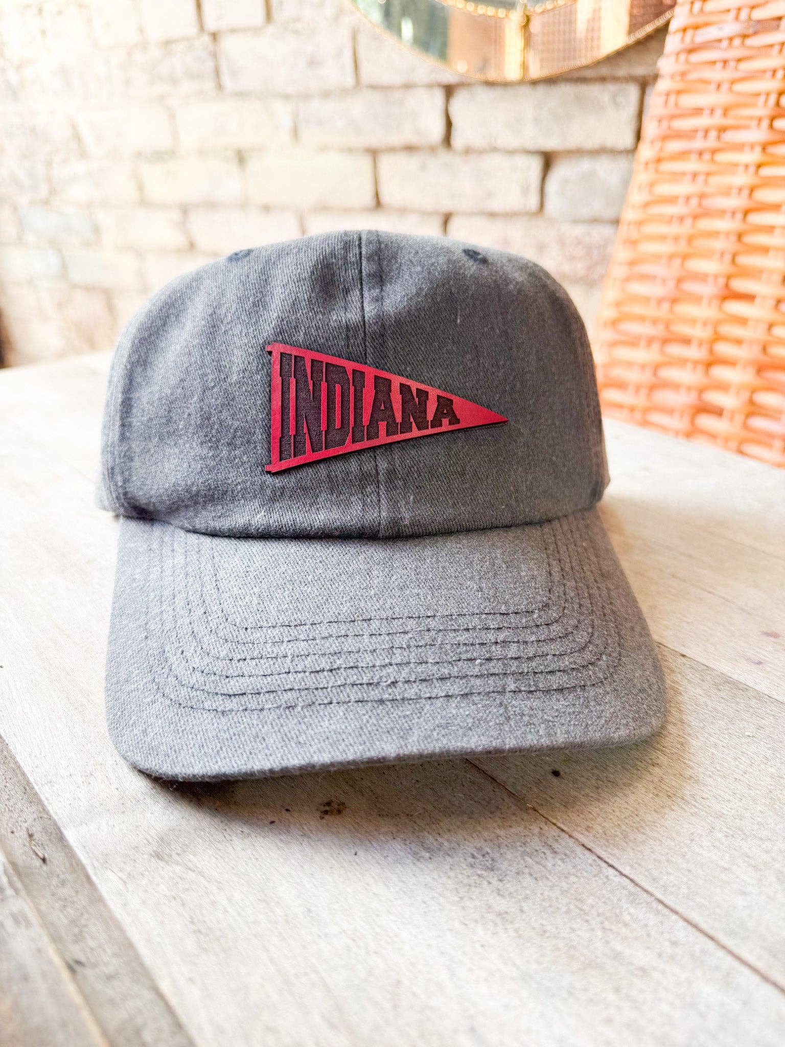 Left Grain - Wholesale Baseball Cap - Women's - Indiana Pennant Leather Patch Hat on Charcoal Dad Hat1