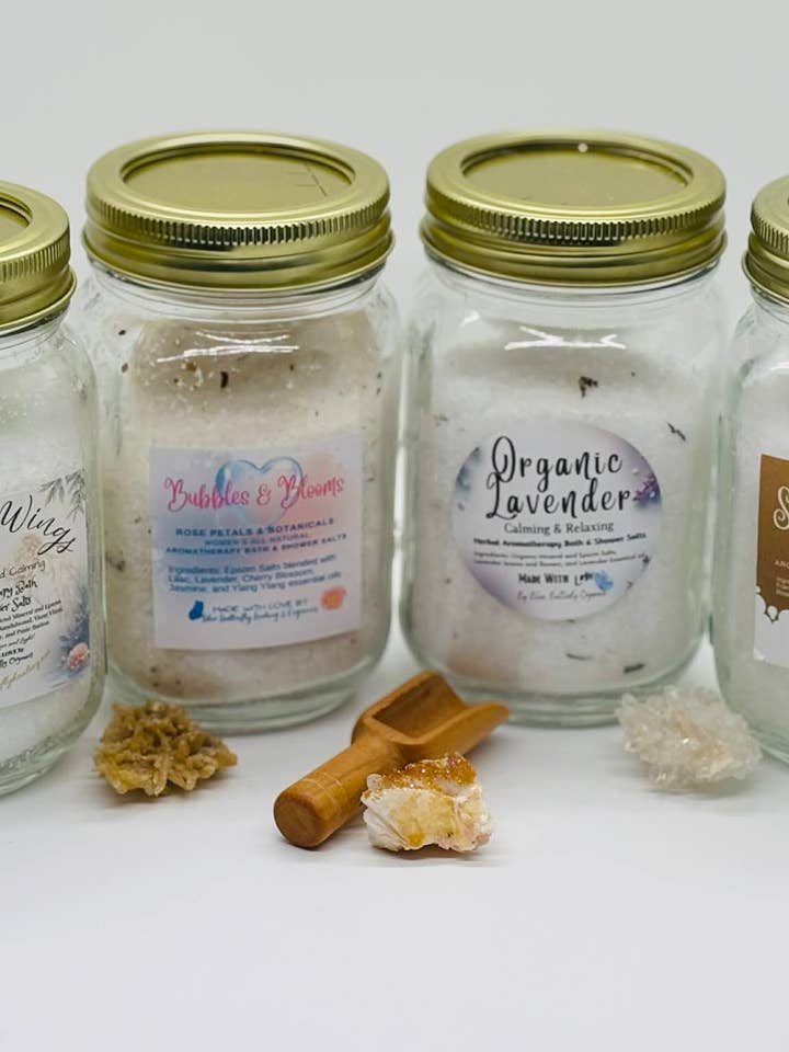 Organic Premium Bath Salt Blends for wholesale by Blue Butterfly Healing & Organics LLC