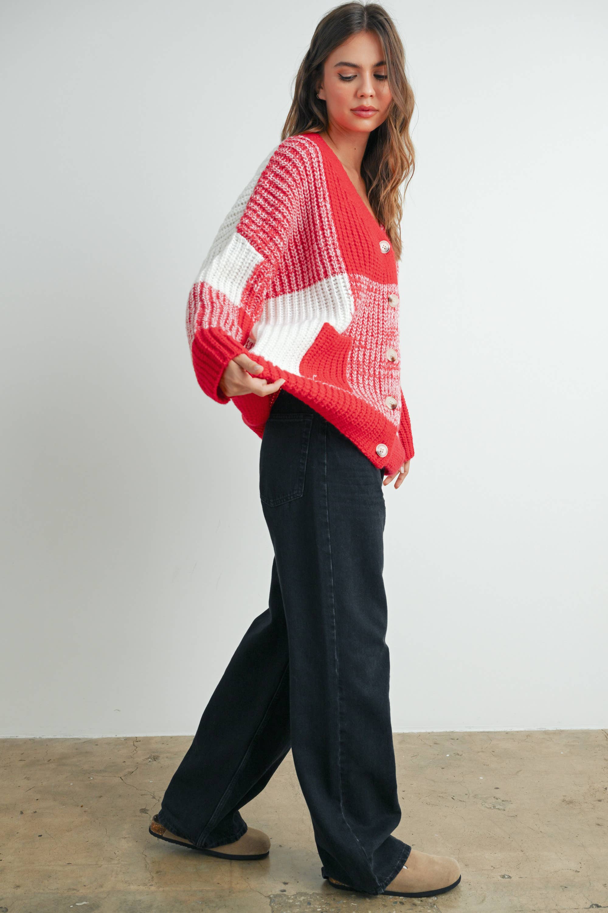 BUTTERMELON - Vendita all'ingrosso Cardigan - Donna - Cardigan oversize a quadretti con spalla scesa - BMC760712