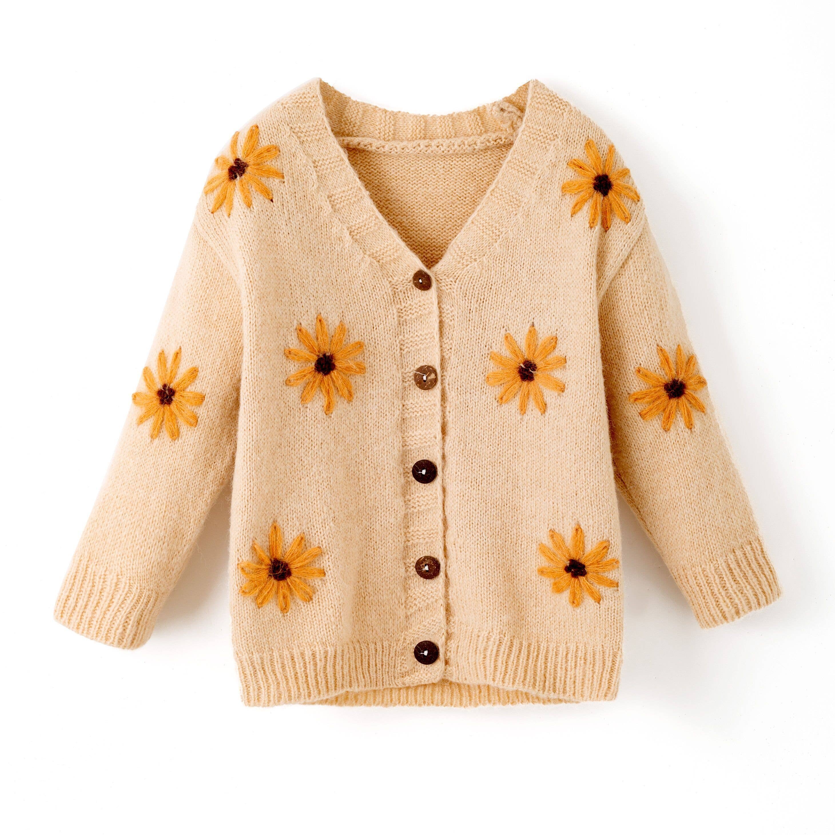 Auraquise - Vente Cardigan – enfant - Cardigan Tricoté pour Enfants avec Tournesols Brodés0