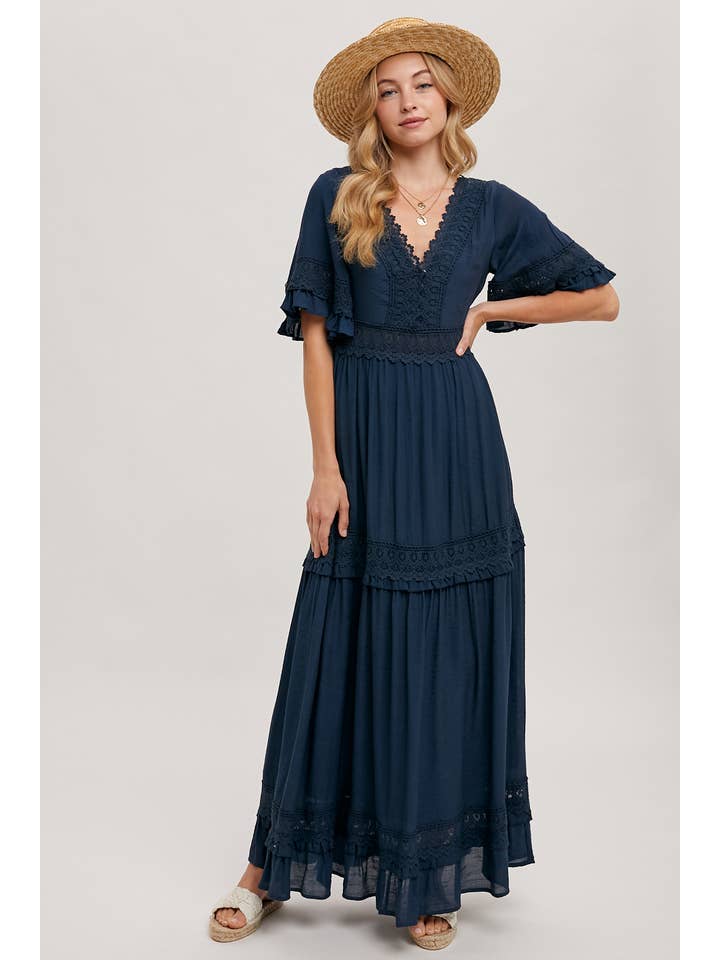 Bluivy - Wholesale Dress - Women's - V-NECK LACE TRIM MAXI DRESS