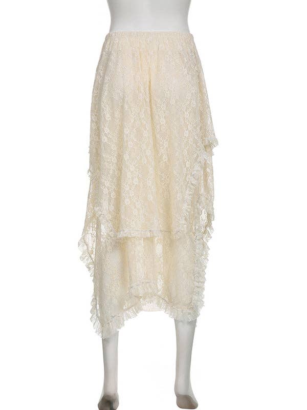 WHITE Sheer Lace Asymmetrical Midi Skirt for wholesale on Faire