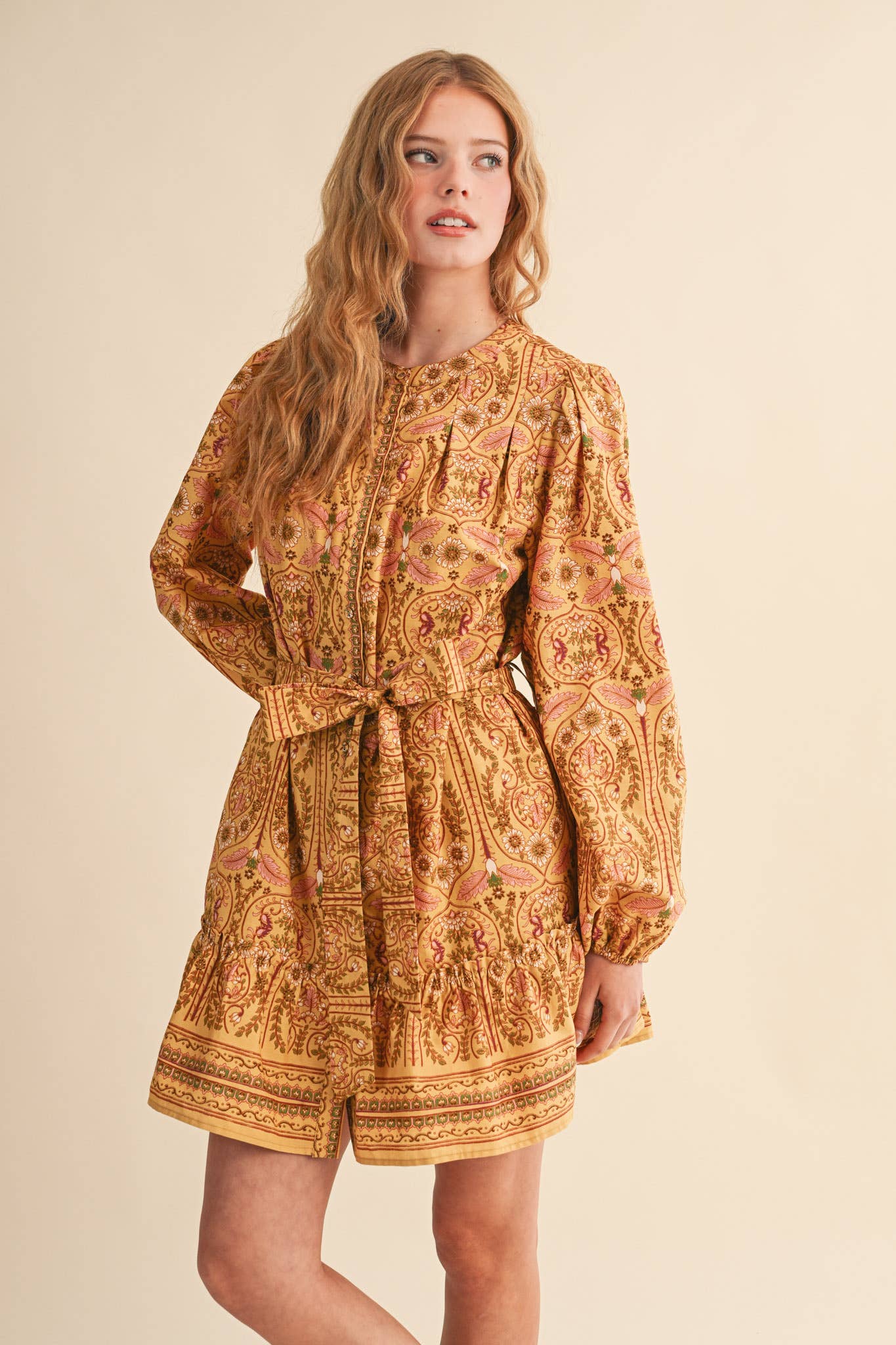 &MERCI - Wholesale Dress - Women's - EXCLUSIVE FLORAL PRINT BUTTON DOWN BELTED MINI DRESS MDR452115