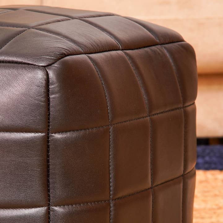 BBH Homes LLC - Wholesale Pouf - Geometric Handmade Goat Leather Square Pouf Black Color BBH