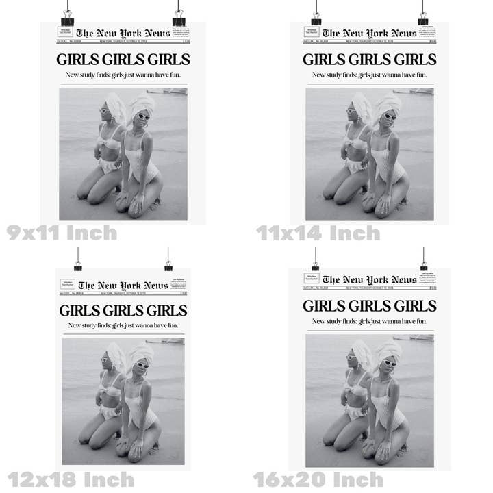 Honey Coast Print Co. - Wholesale Art Print - Girls Girls Girls Newspaper Headline Wall Art Prints
