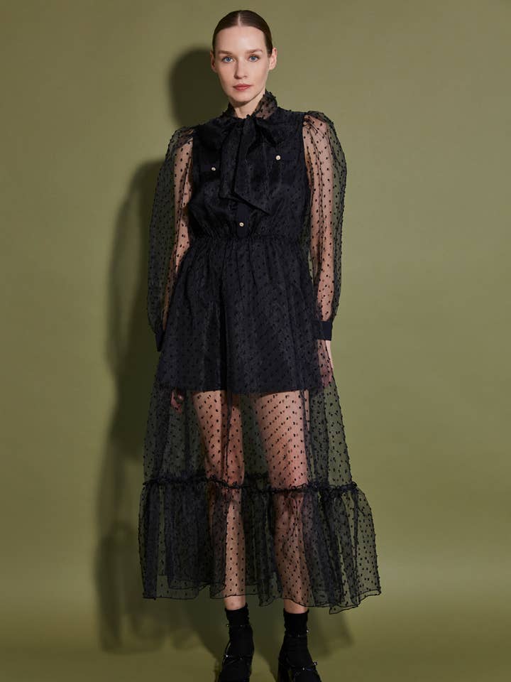 Polka dot dress with lavallière bow for wholesale by ELLI WHITE