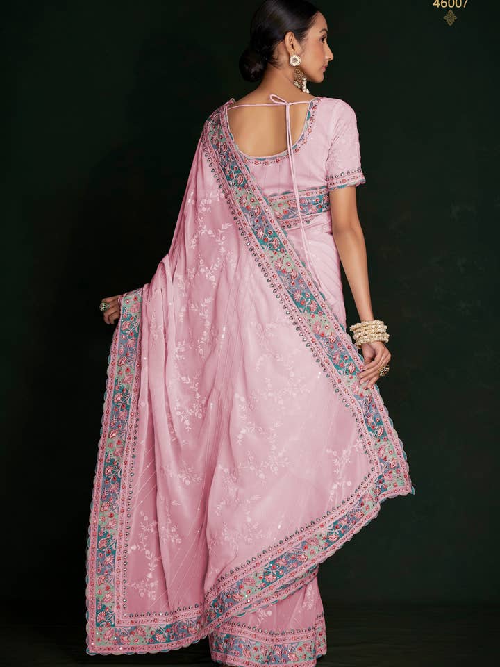 HATKE BRIDE - Wholesale Blouse - Women's - Pink Georgette Sarees with Blouse for Weddings | Indian Sari for Festival - Lucknowi Work1