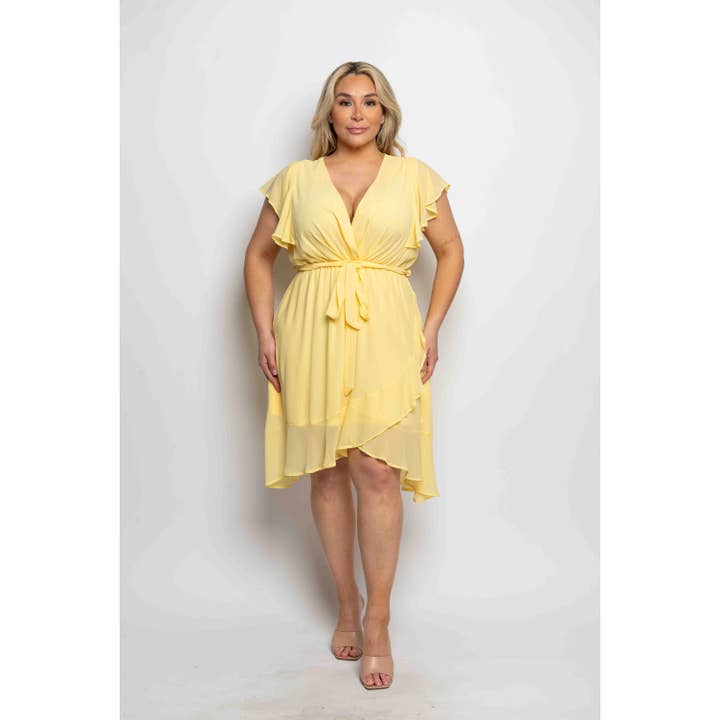 PLUS SIZE CHIFFON SURPLICE TIE WAIST FLUTTER SLEEVE MINI DRE for wholesale by Curve Market
