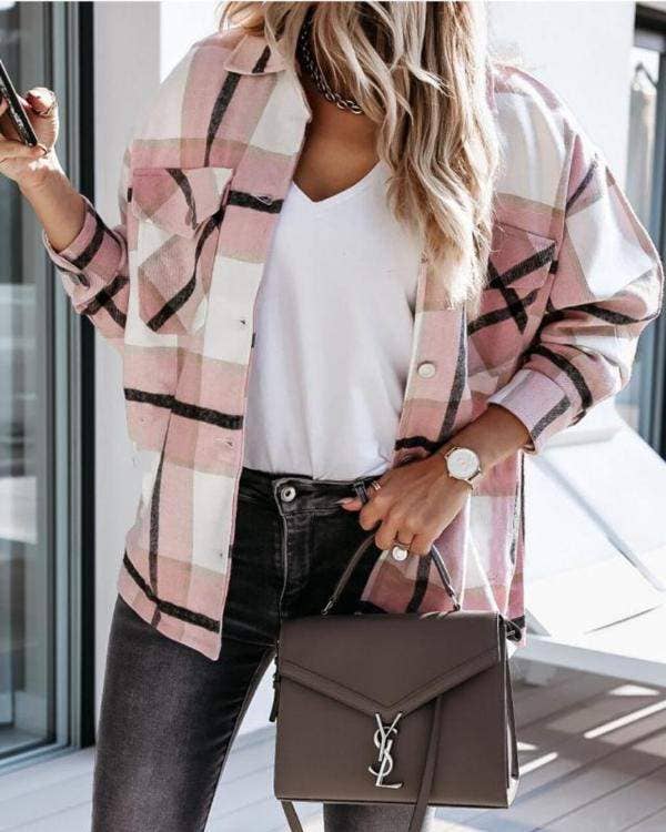 Fashion Combination - Wholesale Jacket - Women's - plaid print long sleeve button up shacket0