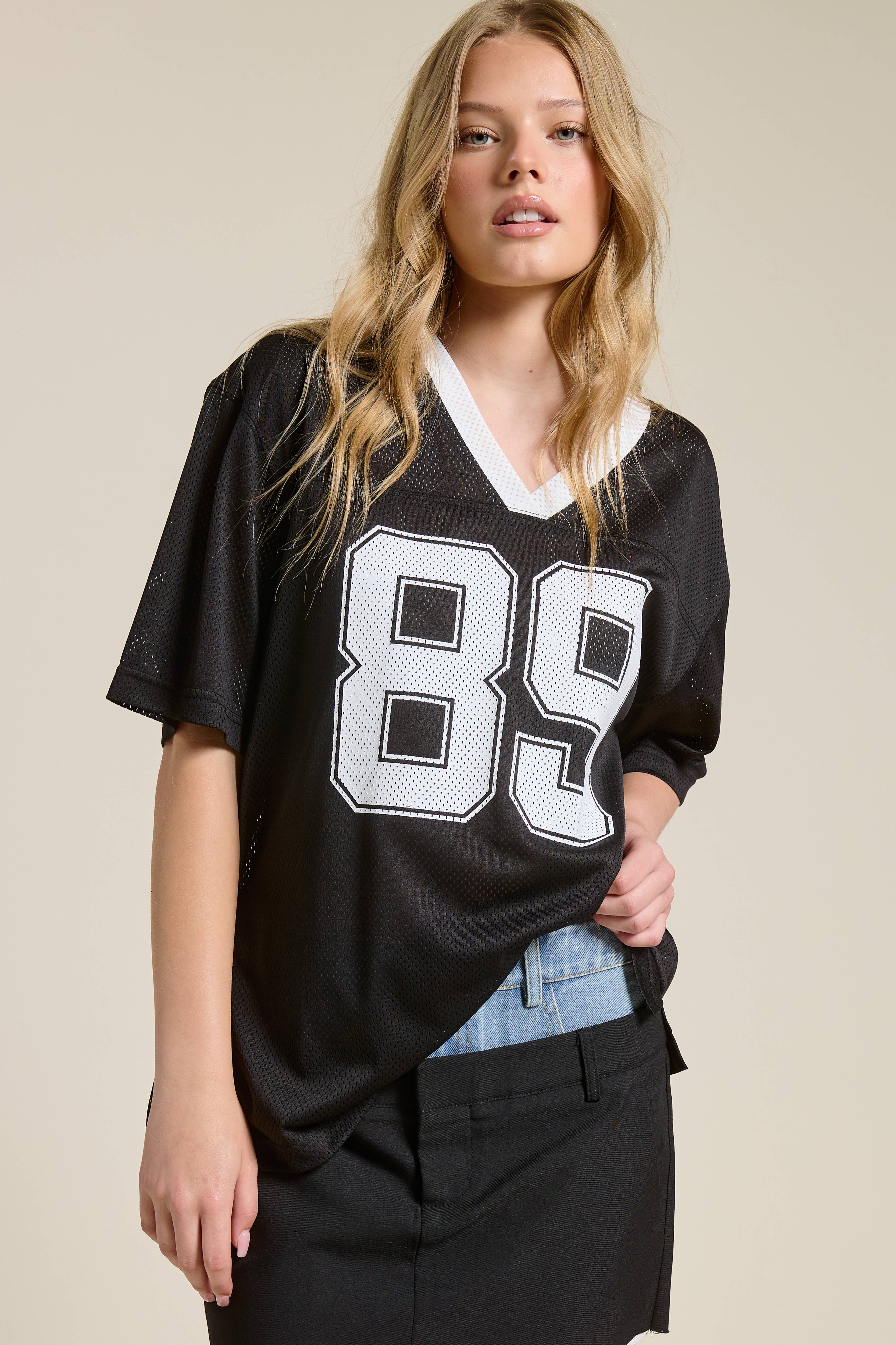 Mimosa - Wholesale T-Shirt - Women's - Sporty V Neck Short Sleeve Jersey Top with 89 Graphic Print3