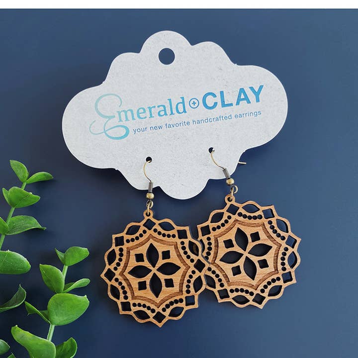 Wood Earrings - Mini Mandala for wholesale by Emerald and Clay