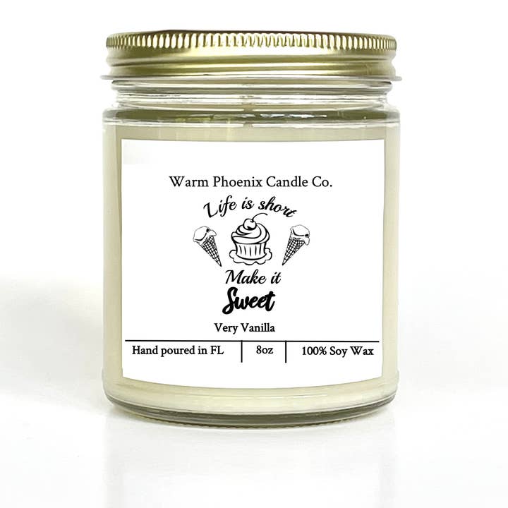 Very Vanilla Handmade Soy Candle, Custom Company Name Label for wholesale by Warm Phoenix Candle Co.