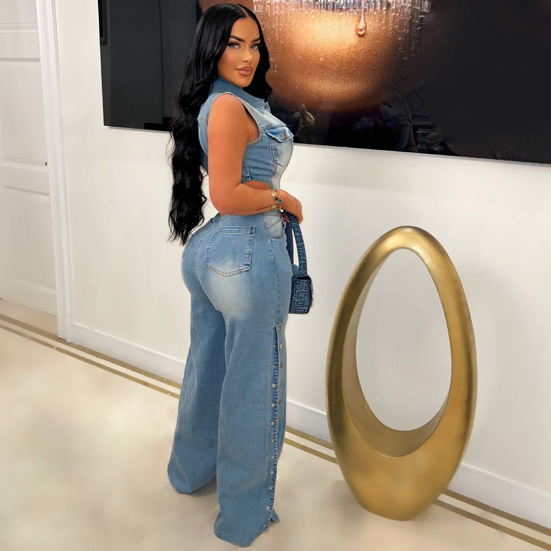 LIGHTBLUE TIGHT WAIST SLIM STRETCH WASH DENIM JUMPSUIT for wholesale on Faire1