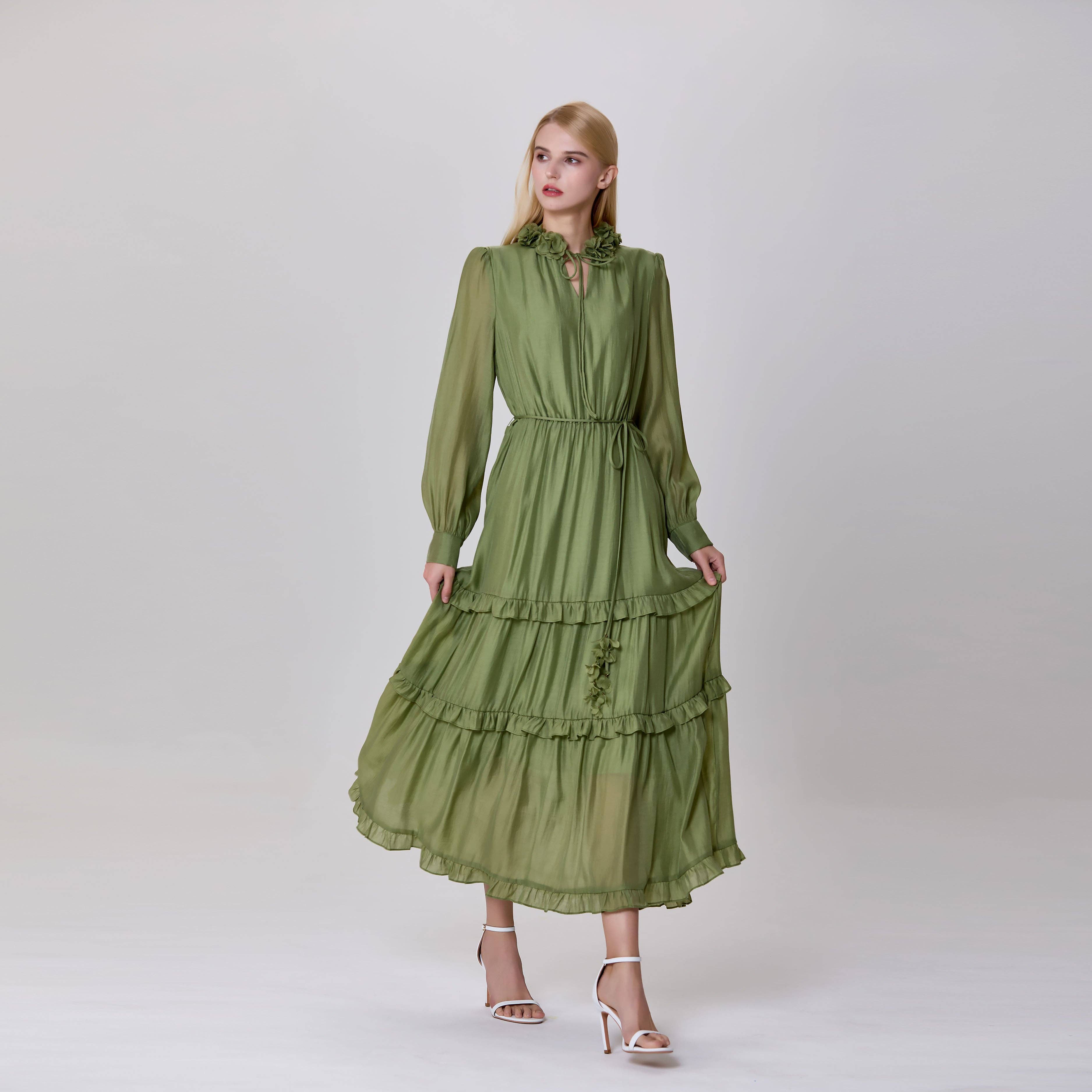 Green Ruffled shirt dress with layered inserts for wholesale on Faire0