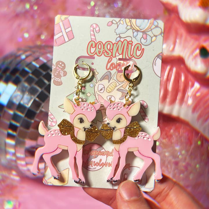 Cosmic lovely - Wholesale Dangle Earrings - Retro Pink Christmas Deer Earrings0