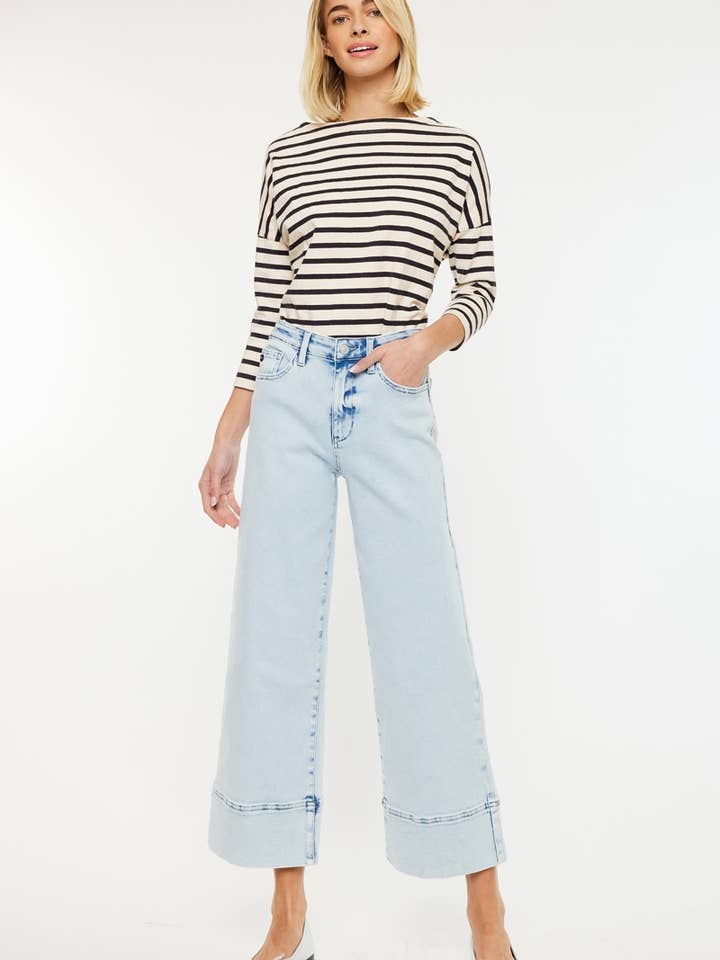 JEANS A GAMBA LARGA CORTI A VITA ALTA CRATER OPEN PACK-KC20085L per la vendita all'ingrosso da parte di Kan Can USA