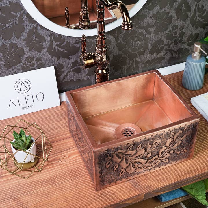 ANATOLIACRAFT - Vente Ensemble d'accessoires pour salle de bain - Meuble-lavabo en cuivre fait main pour votre salle de bain | Vasque rectangulaire en cuivre 12" x 8" x 6"