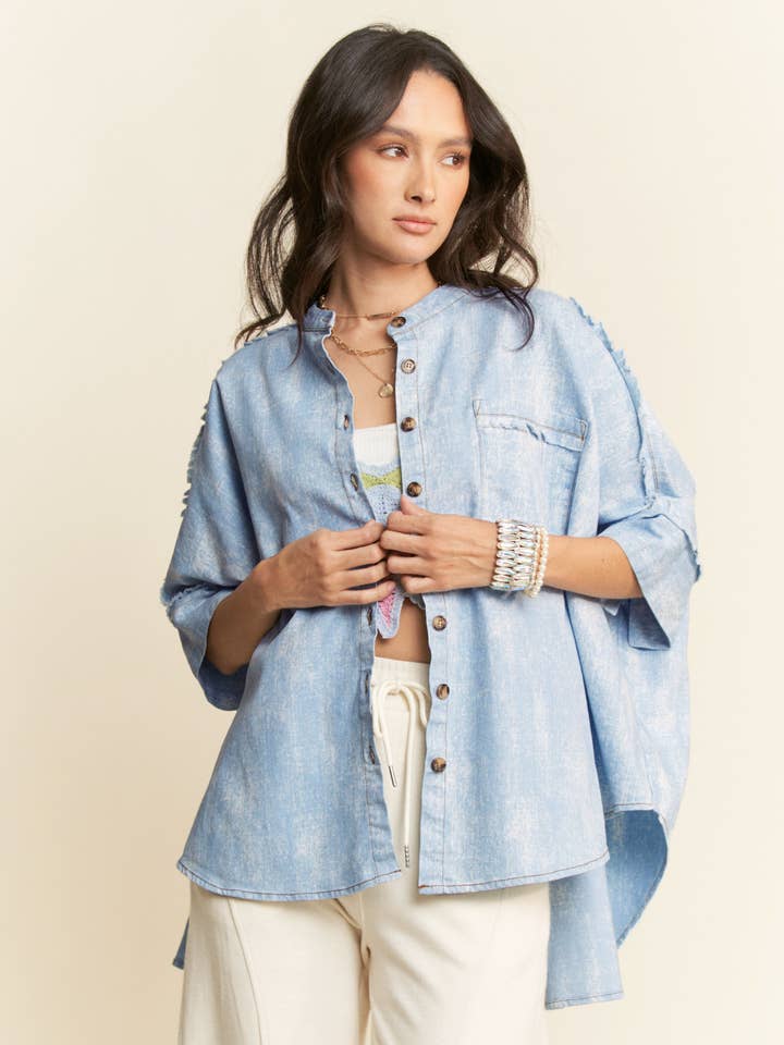 WASHED DENIM STAND COLLAR FRINGE HEM LOOSE SHIRT for wholesale on Faire0