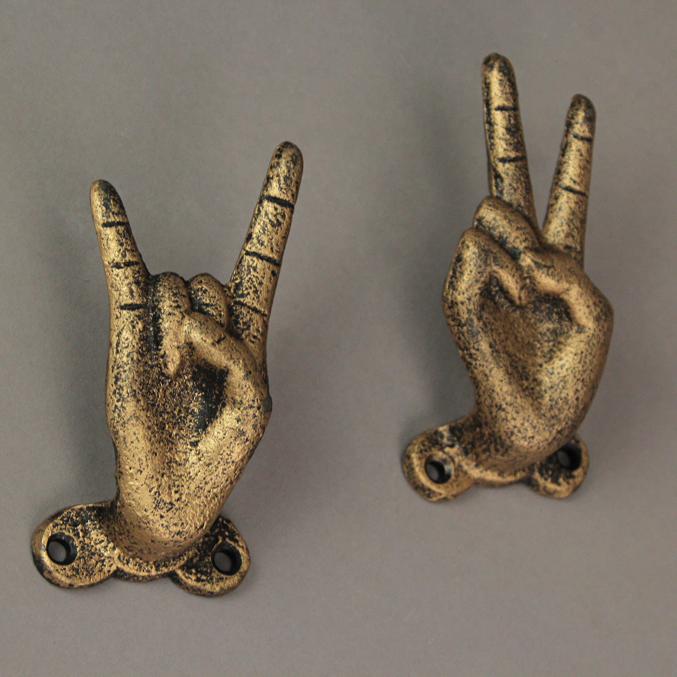 Zeckos - Wholesale Wall Hook - Set of 3 Gold Cast Iron Hand Gesture Decorative Wall Hooks1