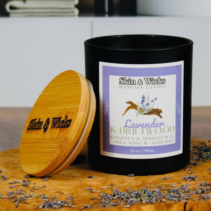 Lavender & Driftwood Wooden Wick Candle for wholesale by Skin & Wicks