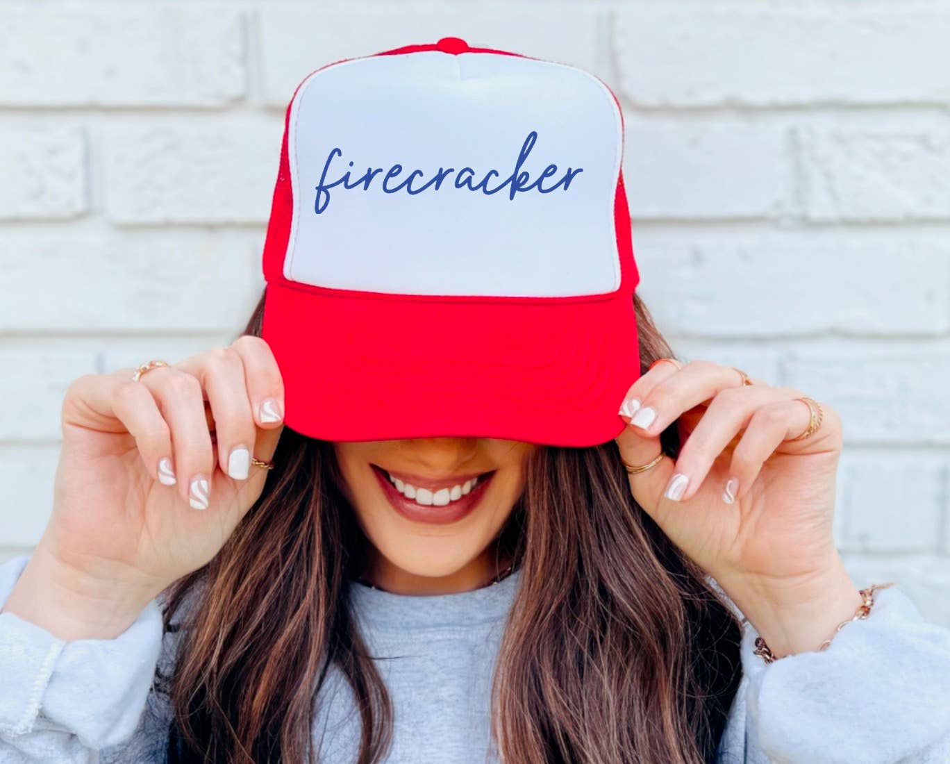 Gia Gifts Boutique - Wholesale Trucker Hat - Women's - Firecracker Script Trucker Hat USA 4th Of July America
