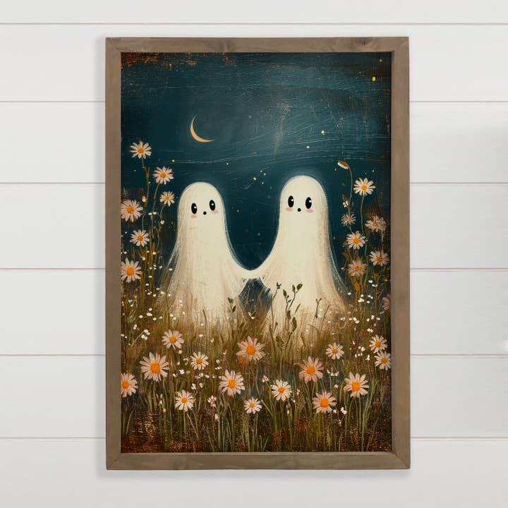 Hangout Home - Wholesale Art Print - Two Cute Ghosts Holding Hands in Flowers - Halloween Artwork