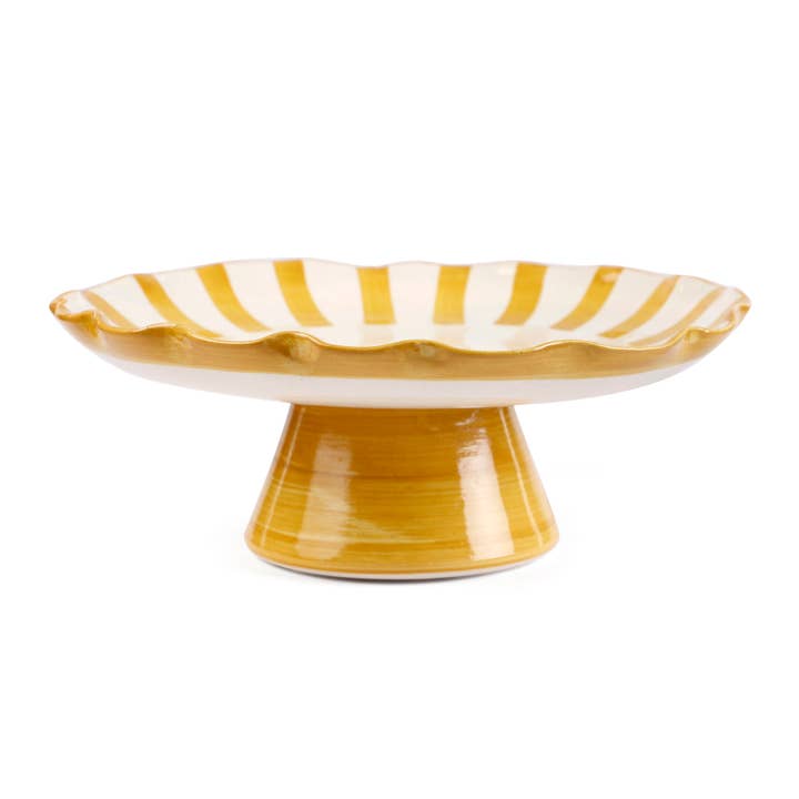 Casa Amarosa - Wholesale Cake Stand - Ceramic Stripe Cake Stand, Yellow - 10 x 10 x 3.75 Inches 1
