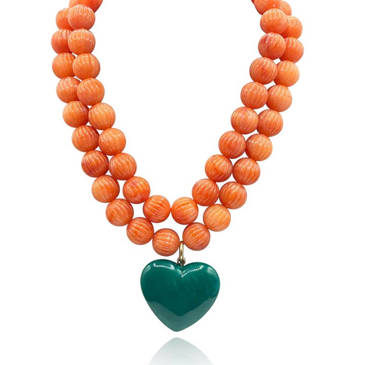 Amour Carved Coral Resin Bead With Jade Green Resin Heart Pendant for wholesale by Michael Nash Jewelry