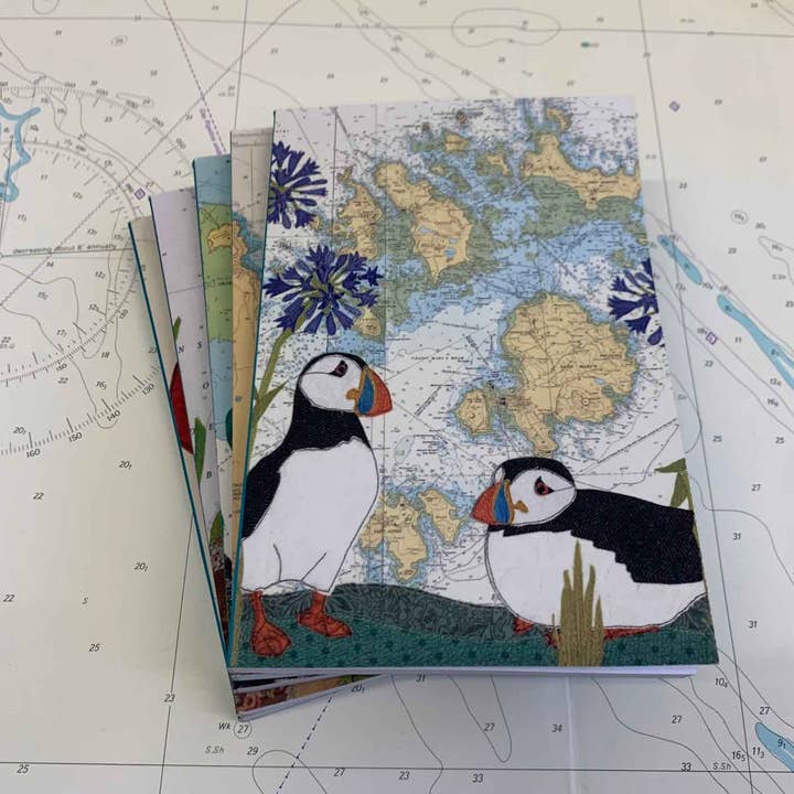 Puffins at Scilly A6 paperback notebook for wholesale by Hannah Wisdom Textiles