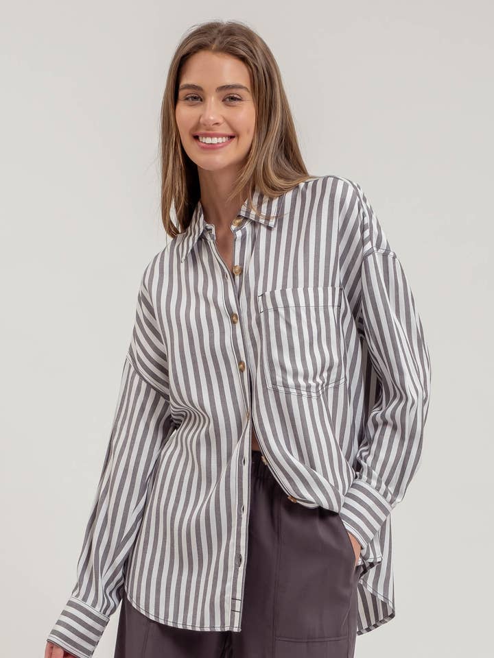 Blu Pepper - Wholesale Blouse - Women's - STRIPE COLLARED BUTTON DOWN LONG SLEEVE SHIRT