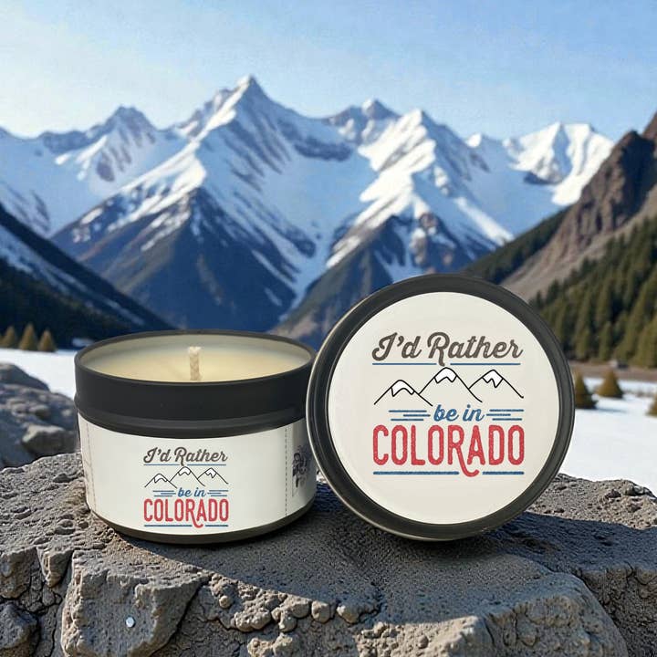 I'd Rather be in Colorado Souvenir Gift Soy Wax Candle Tin for wholesale by Clever Cow Candle Co