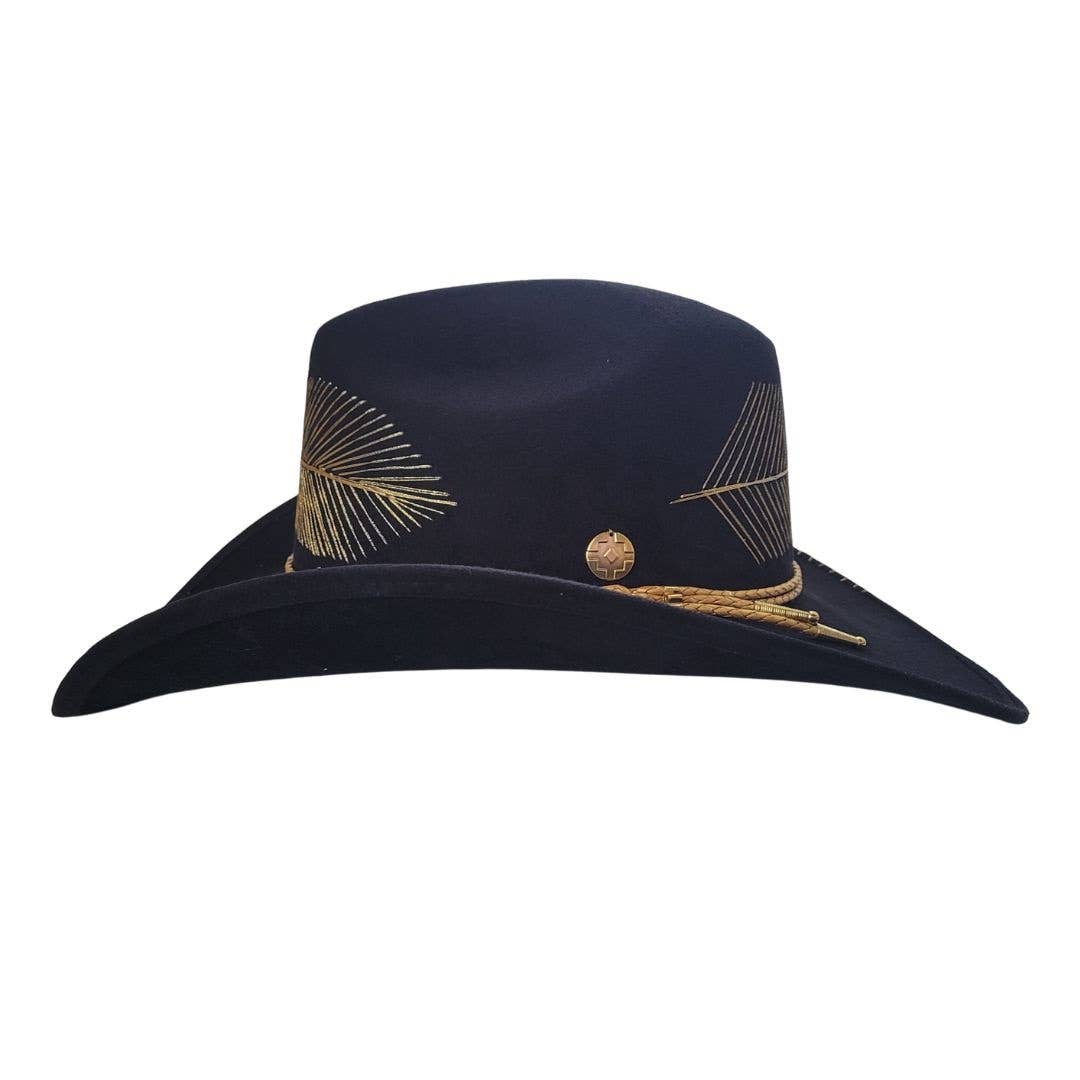 PETRA SAVAGE - Wholesale Cowboy Hat - Women's - Kylin Black Suede Cowboy Hat with Gold Feather Embroidery1