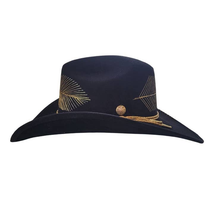 PETRA SAVAGE - Wholesale Cowboy Hat – Women’s - Kylin Black Suede Cowboy Hat with Gold Feather Embroidery1