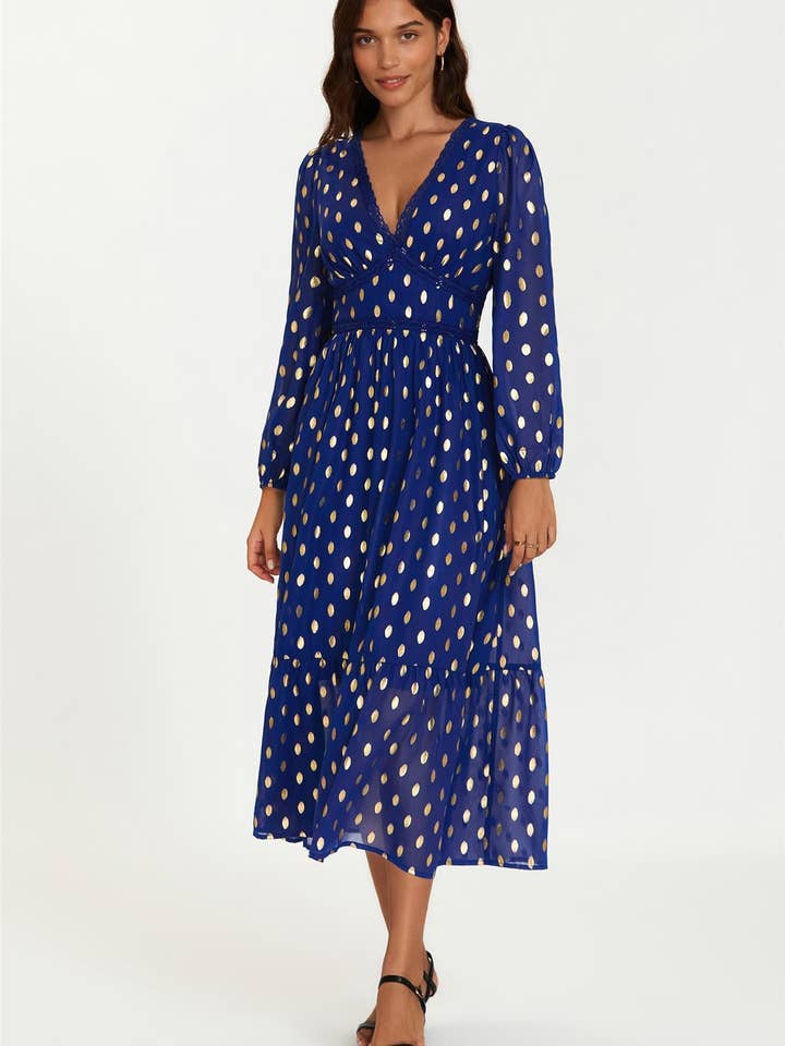 Lace Trim Foil Long Sleeve Maxi Dress In Royal Blue and other Purchase wholesale atom label. Free returns & net 60 terms on Faire trending on Faire.