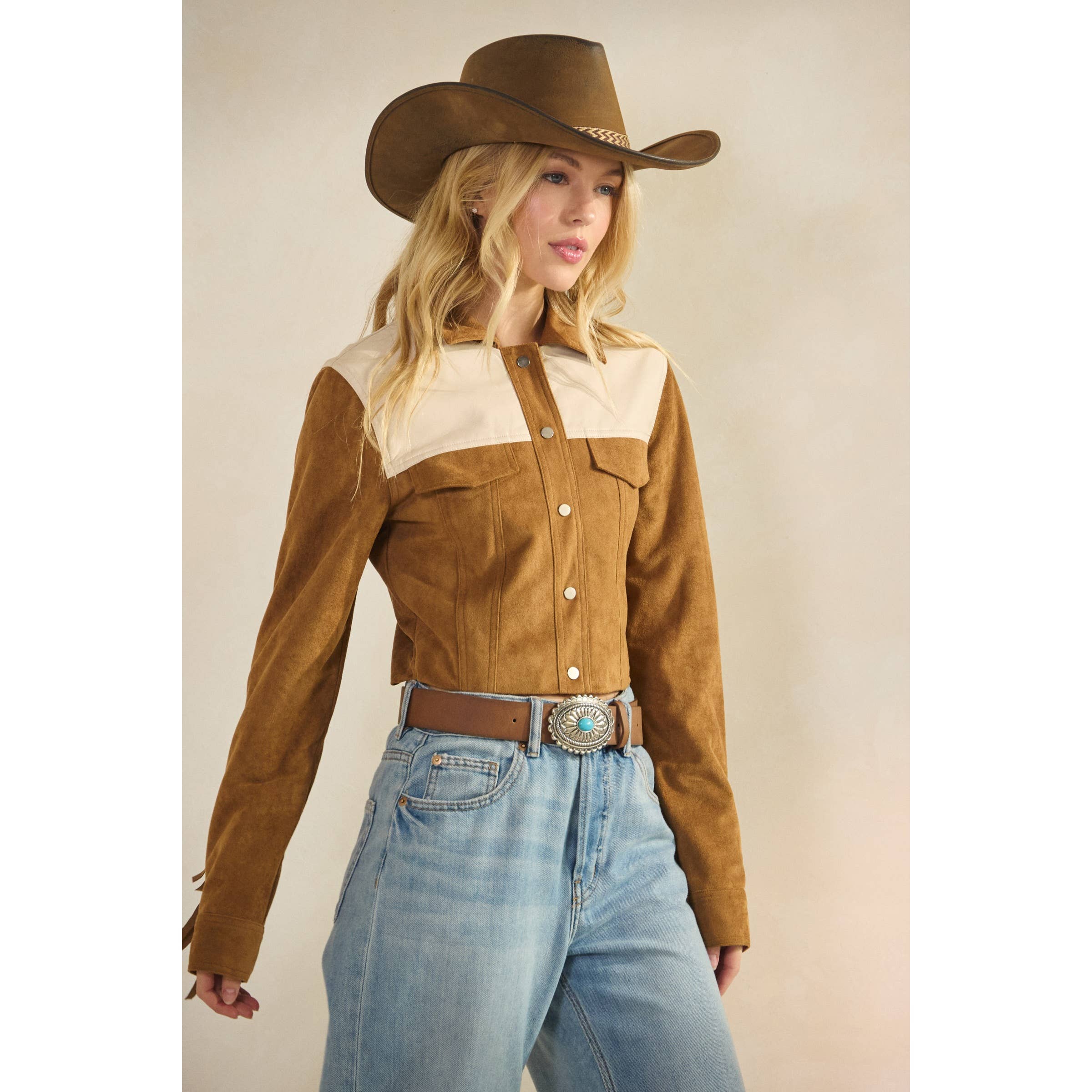 Camel Suede Jacket with Fringe Detail for wholesale on Faire28