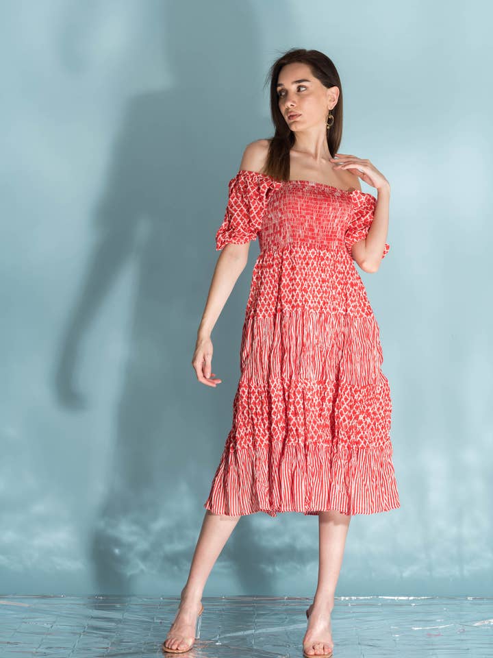 Waterfront Dress Red Moroccon AN609A for wholesale by Handprint Dream Apparel