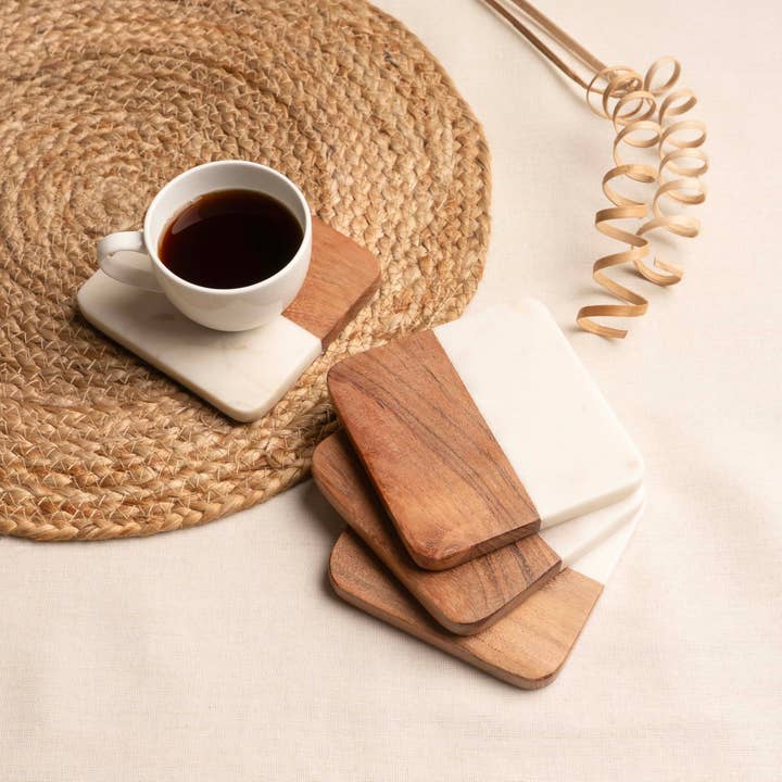 LuxeDesigns Co LLC - Wholesale Coasters - Square Wood and Marble Drinks Coasters Set of 4 12