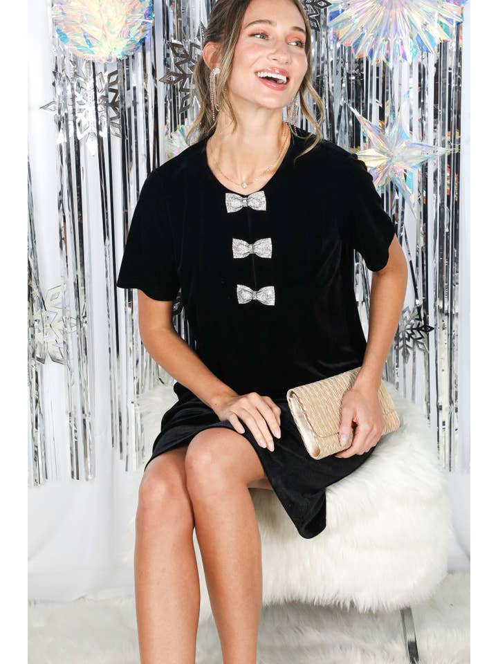 Vine & Love - Wholesale Dress - Women's - Sparkling Sequin Bow Embellished Velvet Dress VD8273723