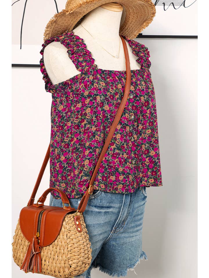 As shown Fashion-W Boho Frilled Straps Floral Tank Top for wholesale on Faire