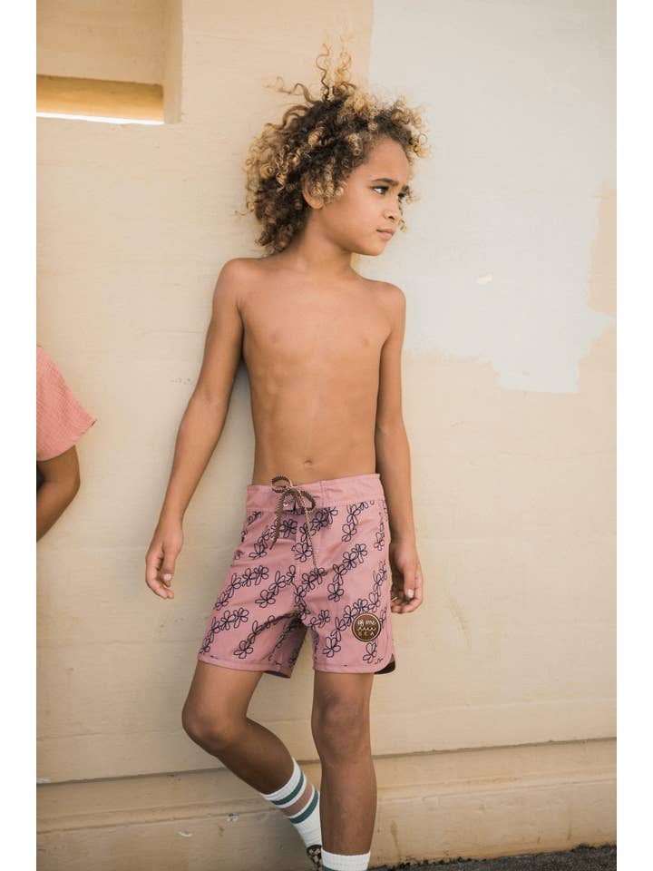 Kid’s Retro Boardshorts in Mauve Lei for wholesale on Faire