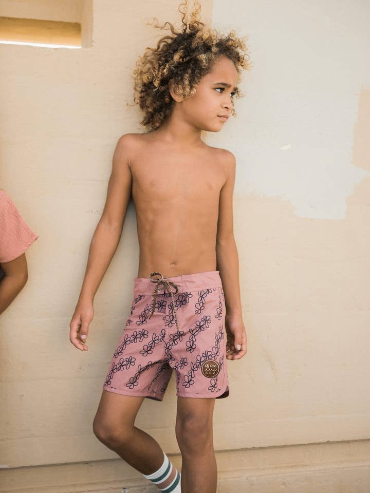 Kid’s Retro Boardshorts in Mauve Lei for wholesale on Faire0