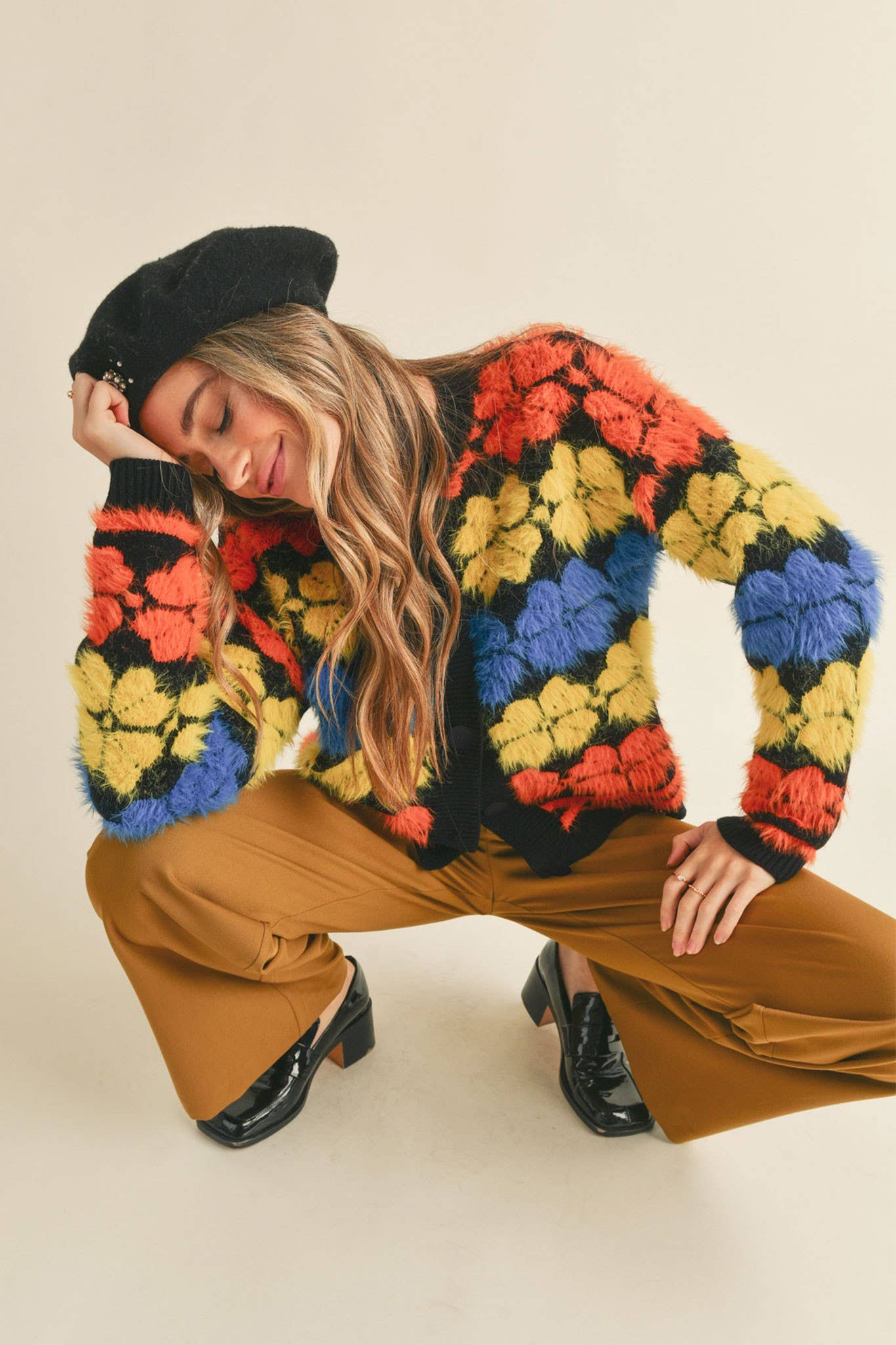 BLACK MULTI SHAGGY KNIT FLORAL SWEATER CARDIGAN MSW10343 for wholesale on Faire2